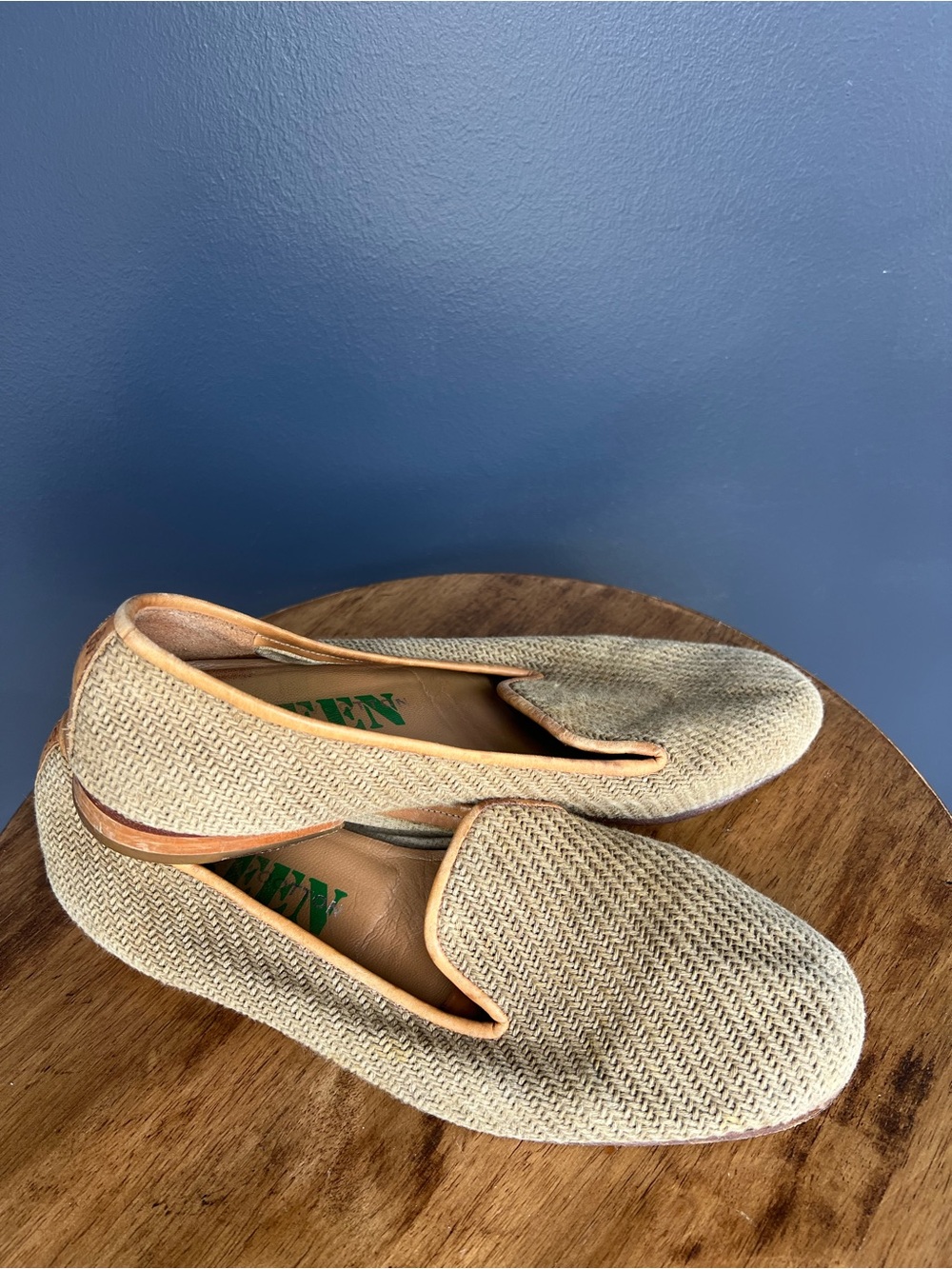 Stubbs & Wootton Beige Woven Loafers with Tan Trim